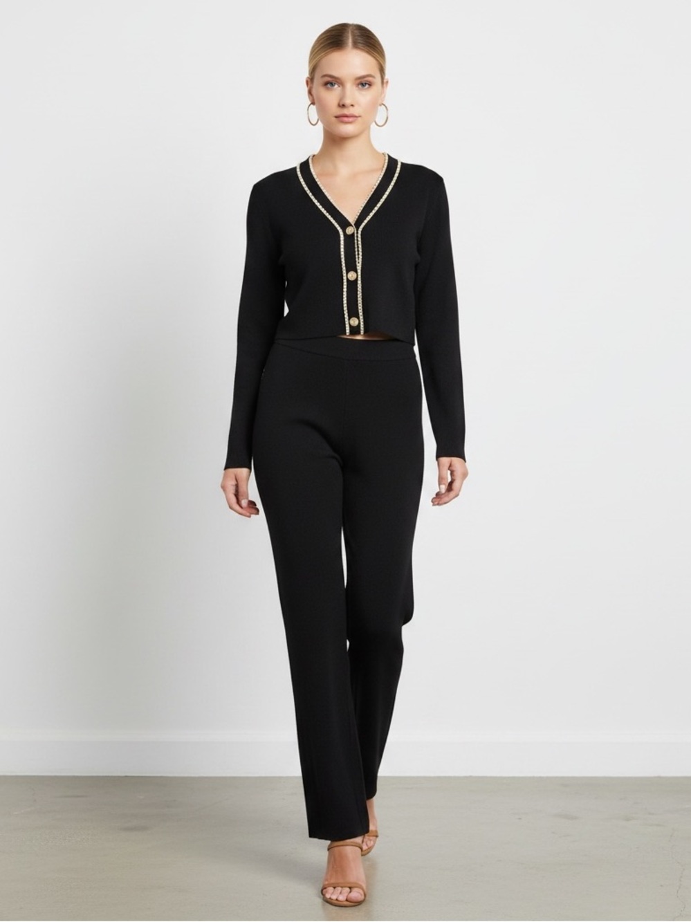 1094 • Black Rayon Modal Blend Rib Knit Set w/Gold Chain Trim Detail